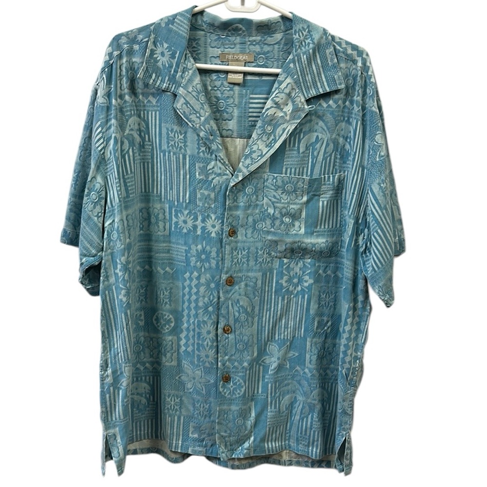 Silk FieldGear Tropical Hawaiian Print Button Down Short Sleeve Picket Shirt L